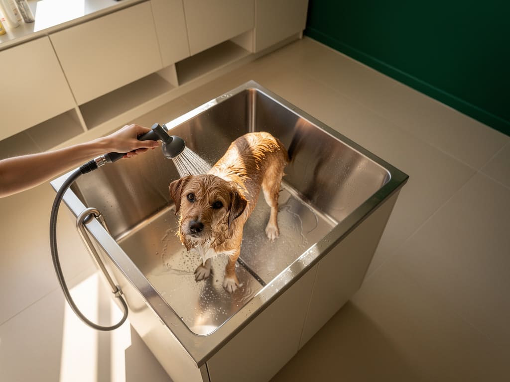 Toelettatore che lava un cane in una vasca professionale
